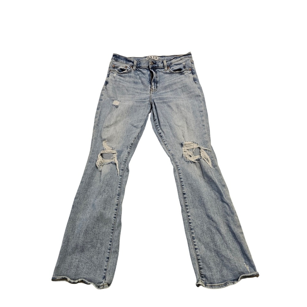 Daze Hug Distressed High Rise Flare Jeans Light Wash Blue Denim Size 32